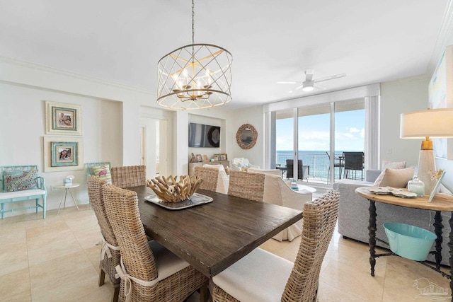 dining space featuring ceiling fan with notable chandelier and light tile patterned floors