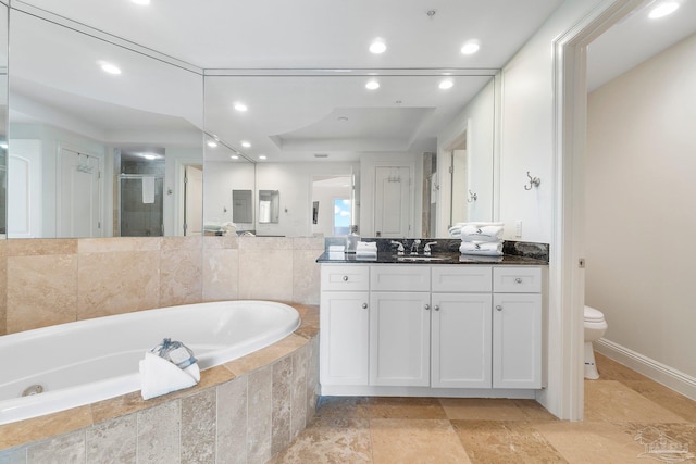 full bathroom featuring plus walk in shower, a raised ceiling, vanity, and toilet