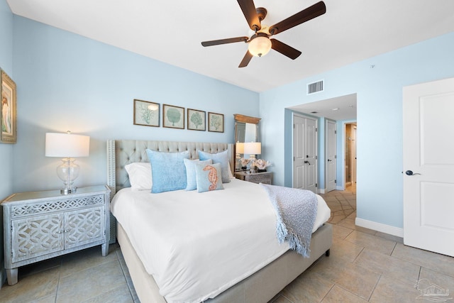 bedroom featuring visible vents, baseboards, and ceiling fan