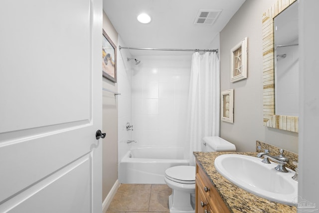 bathroom featuring tile patterned flooring, visible vents, toilet, shower / bath combo with shower curtain, and vanity