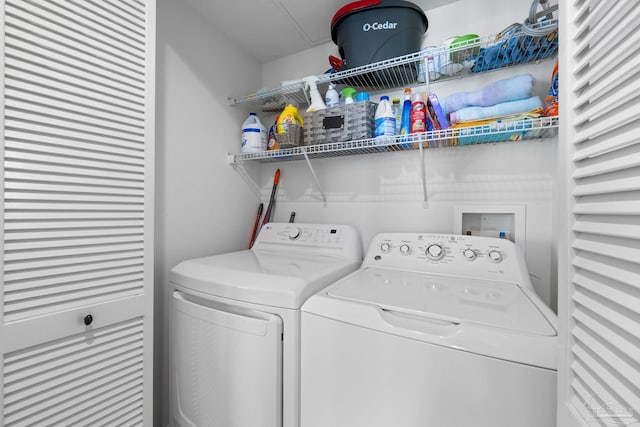 clothes washing area featuring washer and clothes dryer and laundry area
