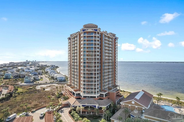 exterior space with a water view