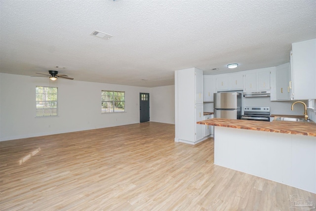 kitchen with wooden counters, sink, light hardwood / wood-style floors, white cabinetry, and stainless steel appliances