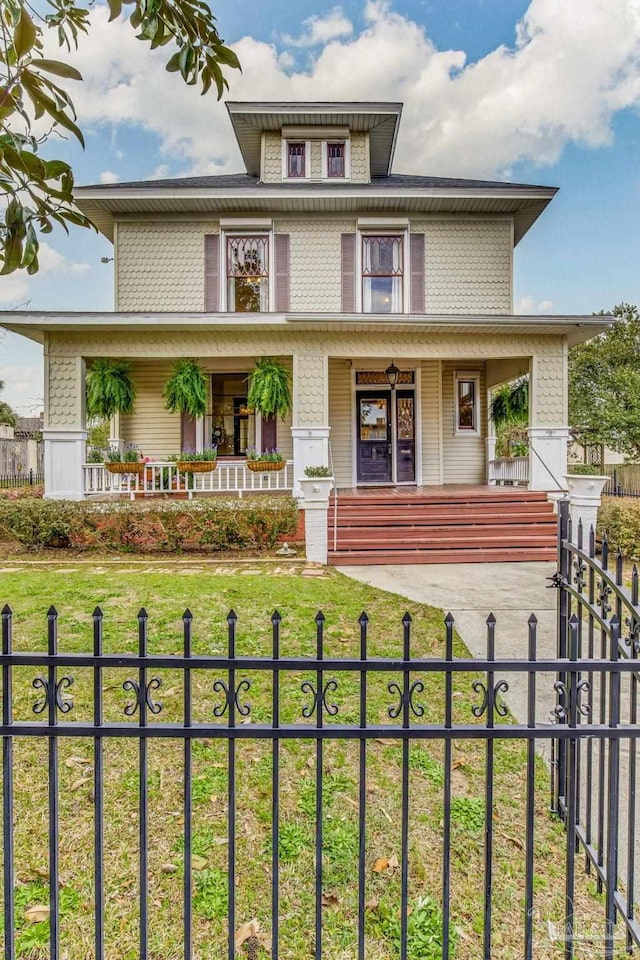 american foursquare style home featuring a porch, a fenced front yard, and a front lawn