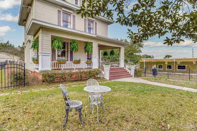 american foursquare style home featuring covered porch, a front lawn, and fence