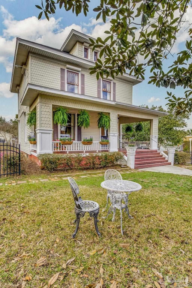 view of front facade with a porch, fence, and a front lawn