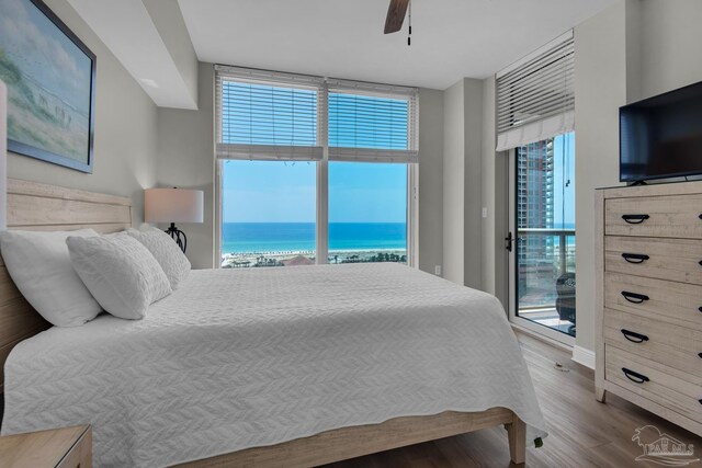 bedroom featuring ceiling fan, access to outside, light hardwood / wood-style flooring, and multiple windows