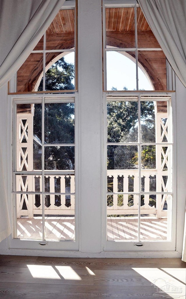 entryway featuring a wealth of natural light, lofted ceiling, and wood finished floors