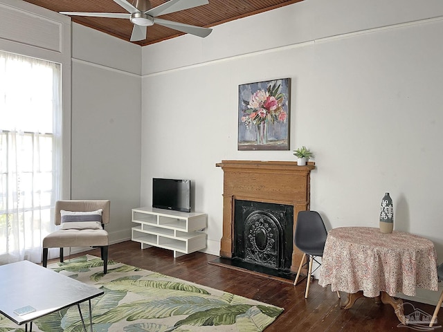 sitting room with ceiling fan, plenty of natural light, a fireplace with raised hearth, and hardwood / wood-style floors