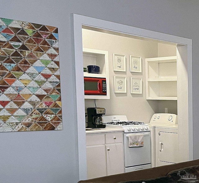 kitchen with light countertops, white cabinetry, and white range with gas cooktop