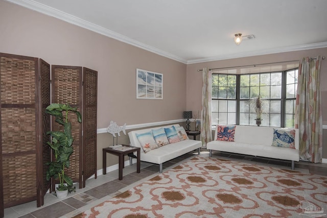 living area with crown molding