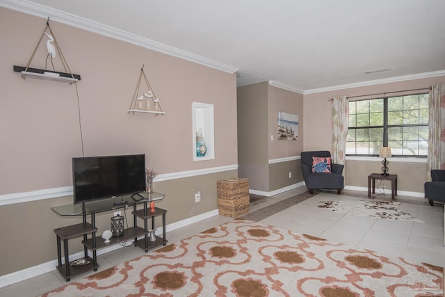 interior space with tile patterned flooring and ornamental molding