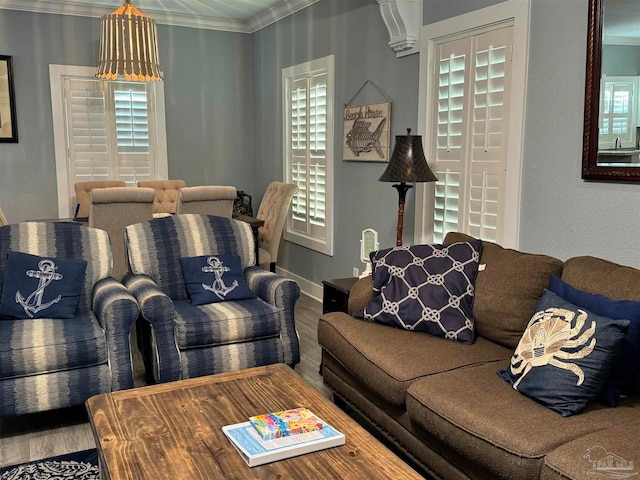 living room with sink, wood-type flooring, and crown molding