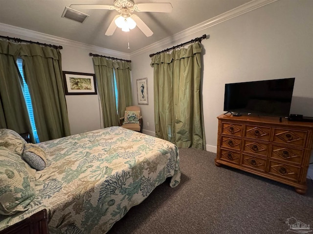 carpeted bedroom featuring ceiling fan and ornamental molding