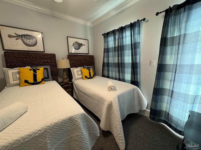 carpeted bedroom featuring ornamental molding