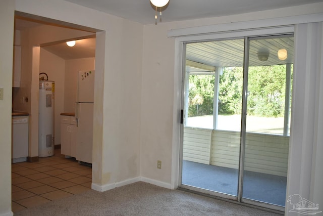 doorway with carpet flooring and water heater