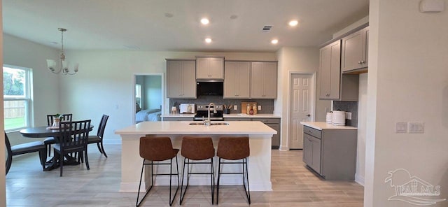 5023 Vanerka Dr, Gulf Breeze, FL 32563 - kitchen featuring gray cabinetry, a sink, decorative backsplash, an island with sink, and light wood finished floors