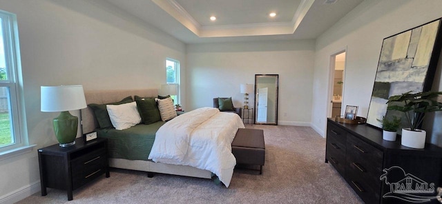 5023 Vanerka Dr, Gulf Breeze, FL 32563 - bedroom featuring light carpet, a raised ceiling, crown molding, recessed lighting, and baseboards