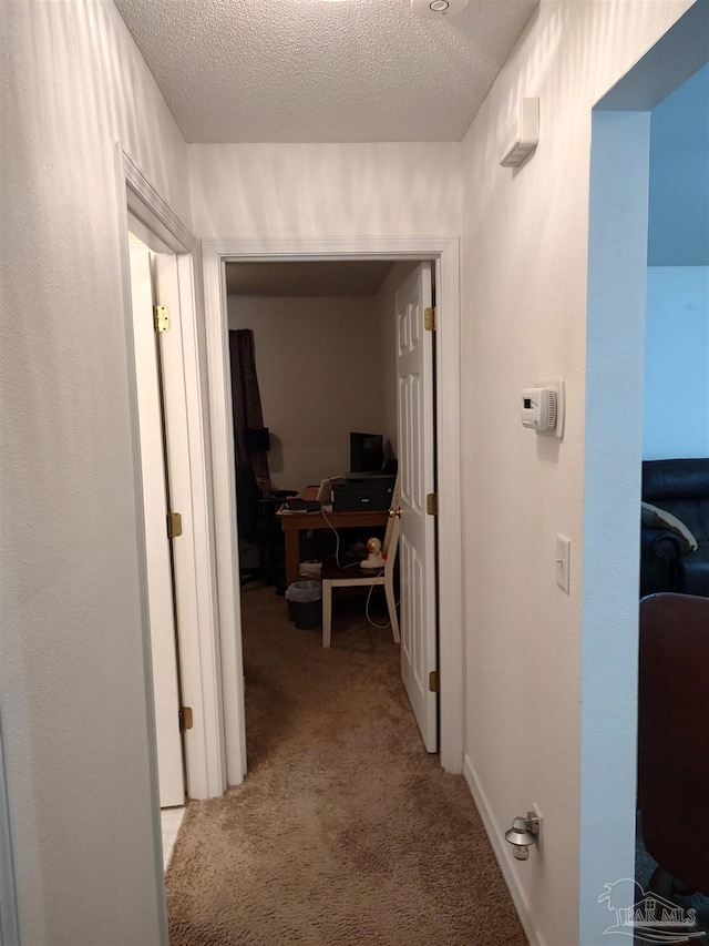 hall featuring light colored carpet and a textured ceiling