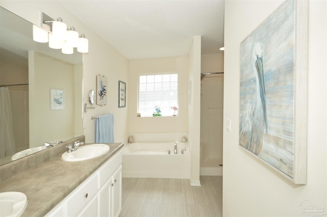 5735 Farrel Way, Milton, FL 32583 - bathroom featuring a bath, double vanity, a shower with shower curtain, and baseboards