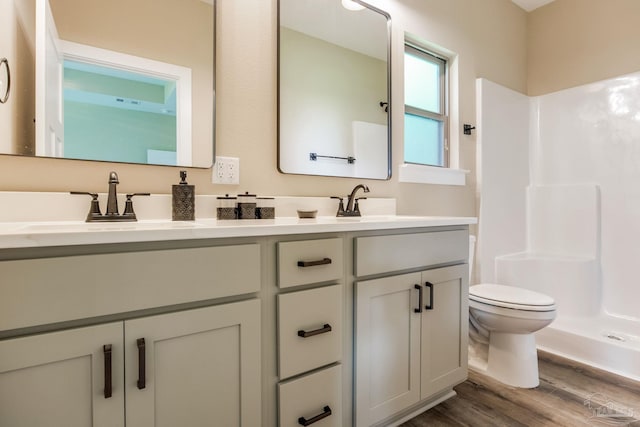 6115 Carroll Rd, Milton, FL 32583 - bathroom featuring wood finished floors, a shower stall, double vanity, and toilet