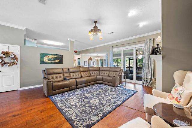 living room featuring ornamental molding and dark wood-type flooring