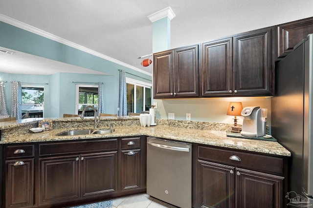 kitchen featuring appliances with stainless steel finishes, light tile patterned flooring, dark brown cabinets, ornamental molding, and sink