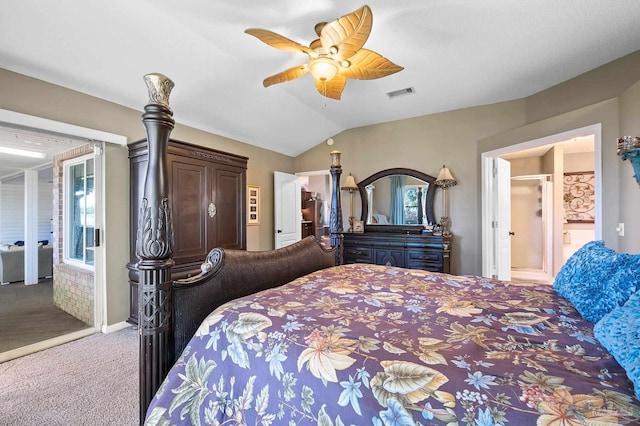 carpeted bedroom featuring lofted ceiling and ceiling fan