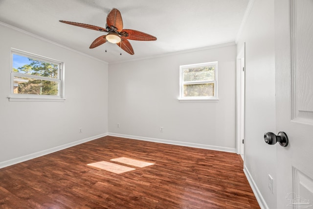 unfurnished bedroom with ceiling fan, ornamental molding, wood finished floors, and baseboards