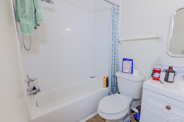 full bathroom featuring shower / bath combination with curtain, toilet, and vanity