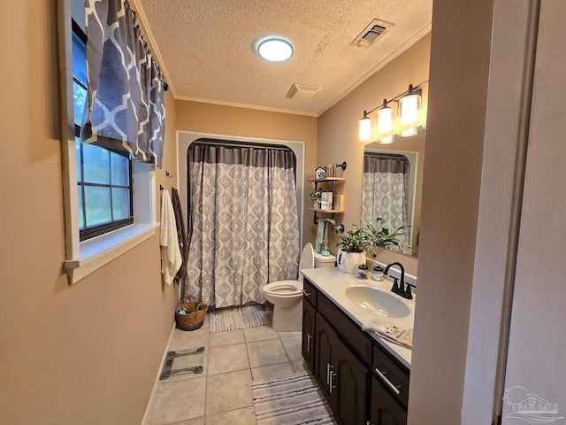 4940 Dawson Rd, Century, FL 32535 - full bath with a textured ceiling, vanity, ornamental molding, tile patterned flooring, and toilet