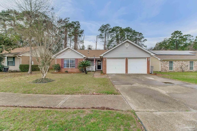 single story home with a garage, brick siding, concrete driveway, and a front yard