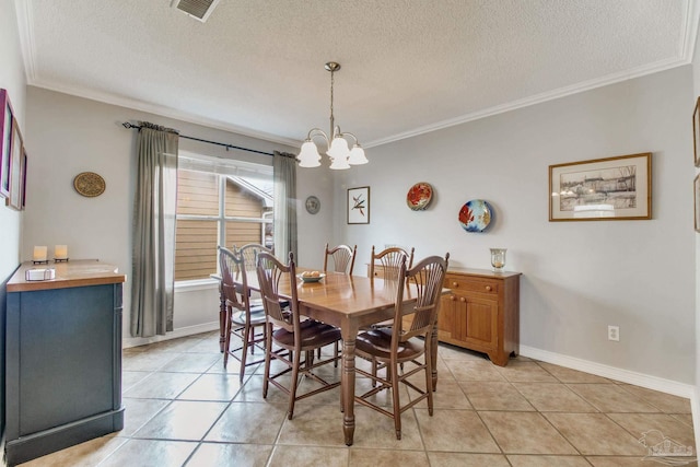 dining space featuring baseboards, visible vents, ornamental molding, an inviting chandelier, and light tile patterned flooring