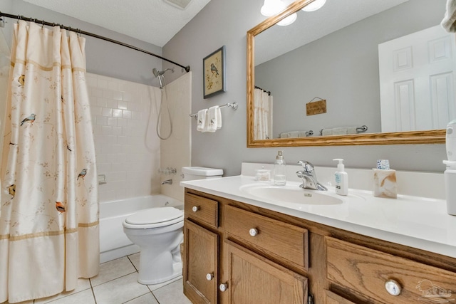 full bath with a textured ceiling, tile patterned flooring, toilet, vanity, and shower / bath combination with curtain