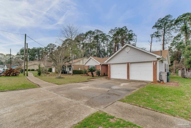 single story home with concrete driveway, brick siding, an attached garage, and a front lawn