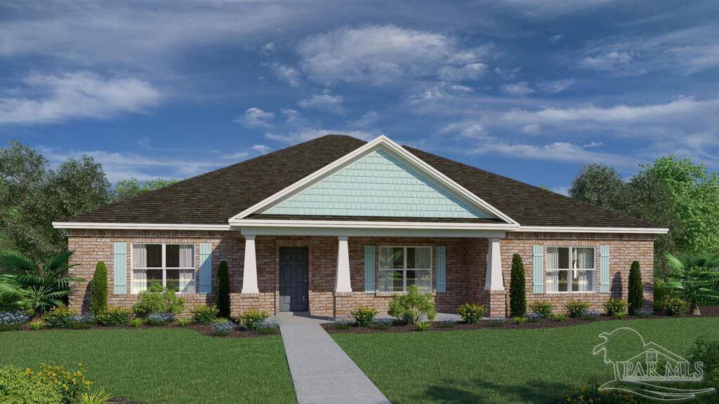 craftsman-style home with brick siding, covered porch, and a front yard