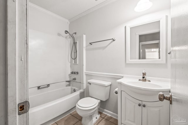 full bathroom featuring vanity, crown molding, tile patterned flooring, toilet, and shower / bath combination