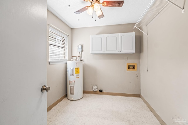 laundry area with washer hookup, ceiling fan, cabinets, and water heater