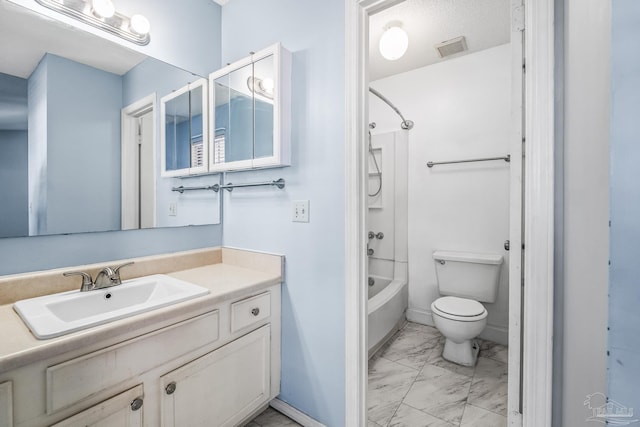 full bathroom with vanity,  shower combination, and toilet