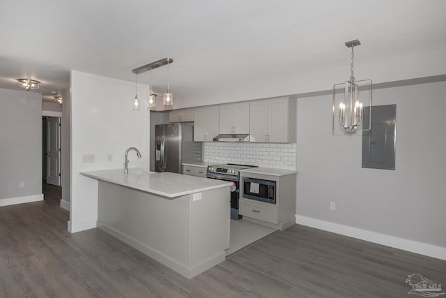 kitchen featuring kitchen peninsula, appliances with stainless steel finishes, backsplash, pendant lighting, and electric panel