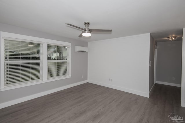 unfurnished room with dark hardwood / wood-style floors, ceiling fan, and an AC wall unit