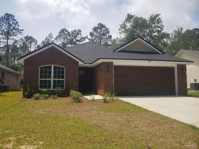 single story home with cooling unit, a garage, and a front lawn