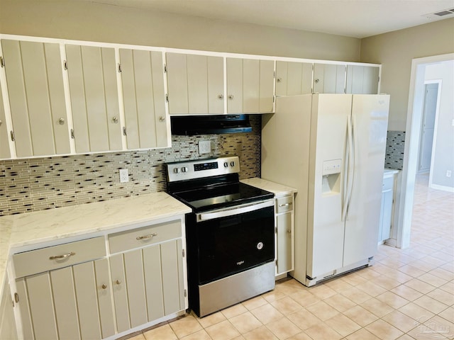 kitchen with white fridge with ice dispenser, tasteful backsplash, stainless steel range with electric cooktop, extractor fan, and light tile patterned flooring