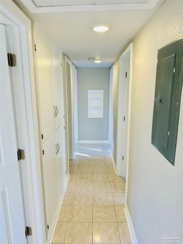 hallway featuring light tile patterned floors and electric panel