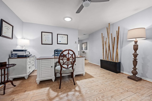 office area featuring light hardwood / wood-style floors and ceiling fan