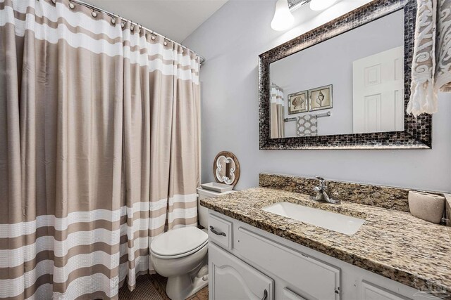 bathroom featuring vanity, toilet, and a shower with shower curtain