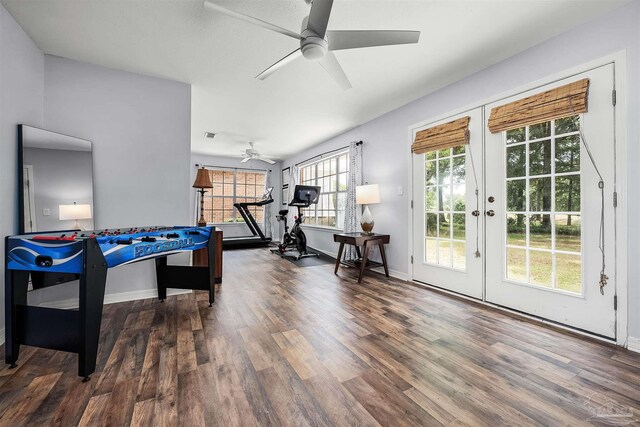 game room featuring ceiling fan, hardwood / wood-style flooring, plenty of natural light, and french doors