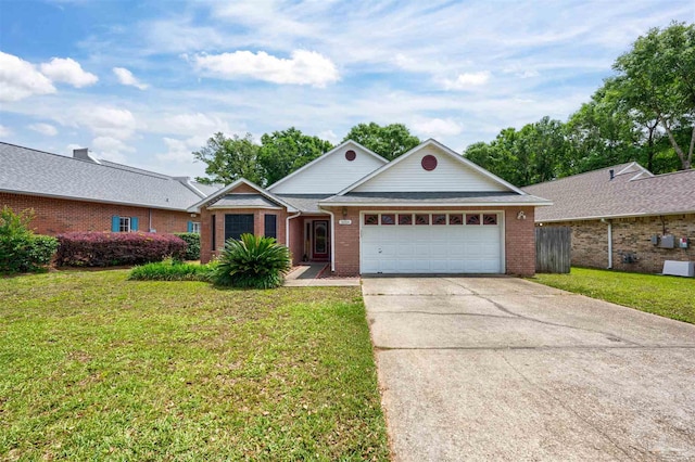 ranch-style home featuring a front lawn and a garage