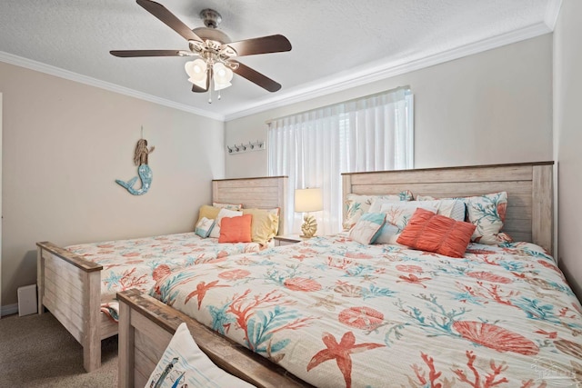 bedroom with ornamental molding, carpet, ceiling fan, and a textured ceiling