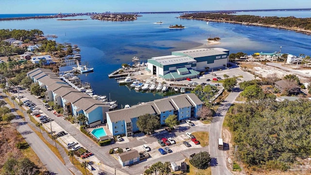 bird's eye view with a water view